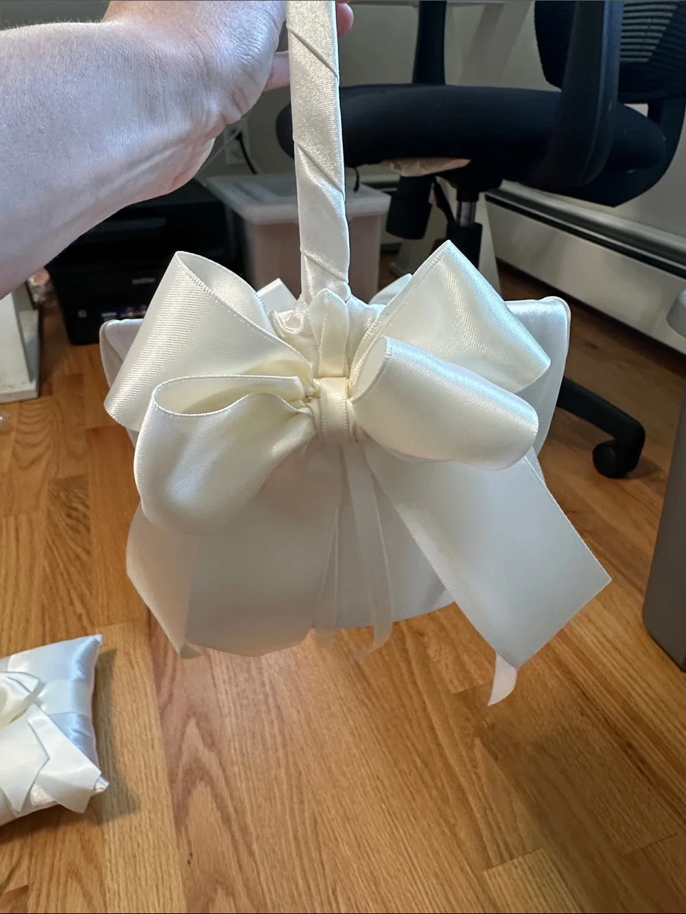 White Satin Kids Flower Girl Basket